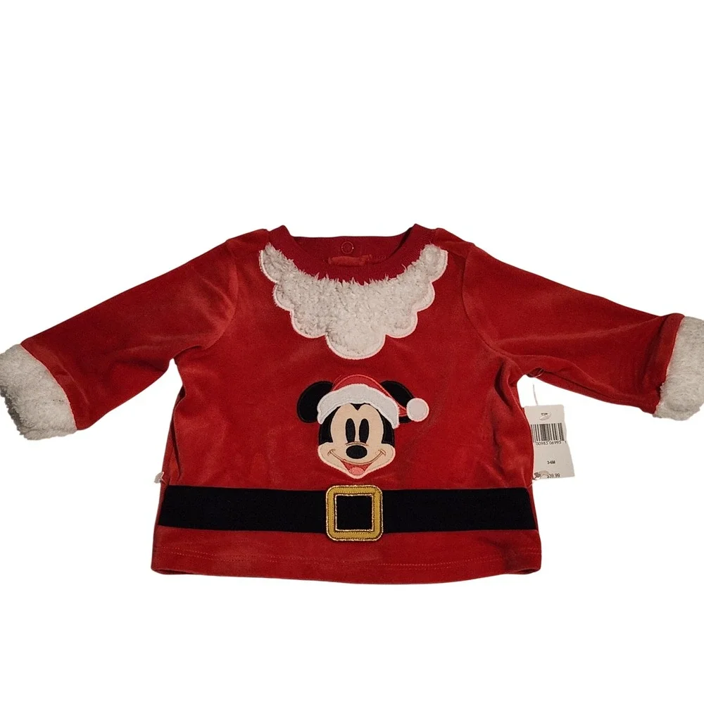 Disney Baby Christmas Mickey Mouse Santa Velour Long Sleeve Shirt 3-6 Months NWT